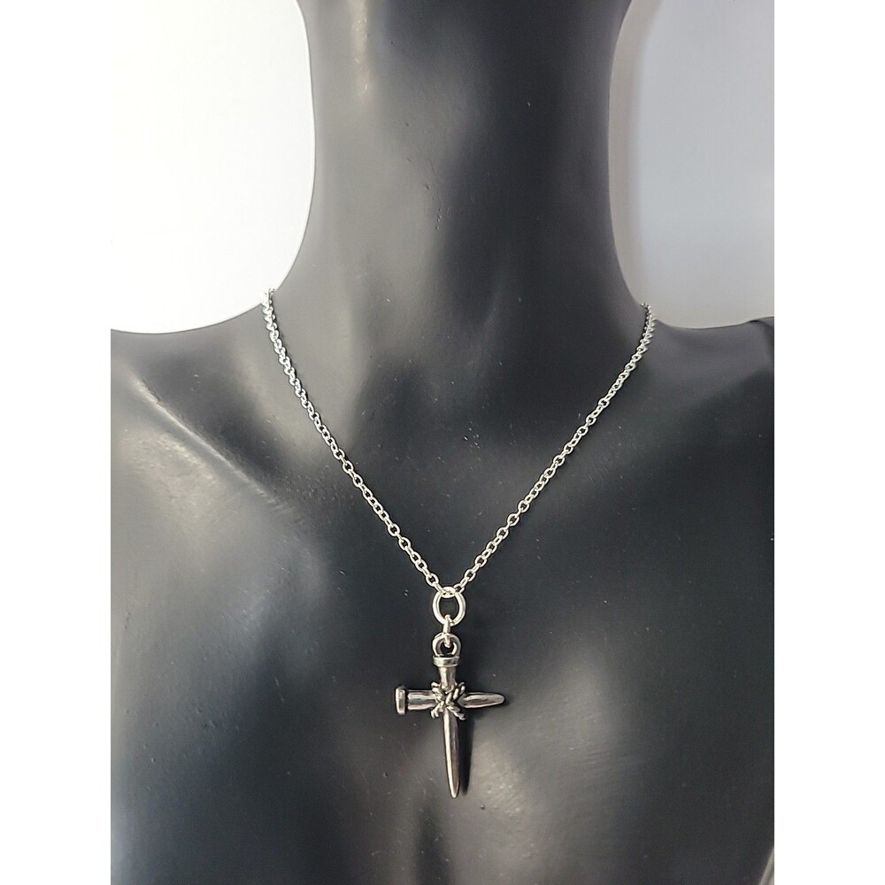 Nail‎ Cross Necklace Silver Tone Rhinestone Center Pendant Edgy Unisex Faith